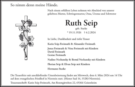 Traueranzeige von Ruth Seip von Allgemeine Zeitung Mainz