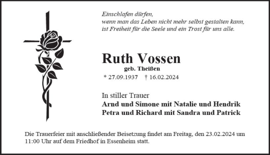 Traueranzeige von Ruth Vossen von Allgemeine Zeitung Bingen/Ingelheim