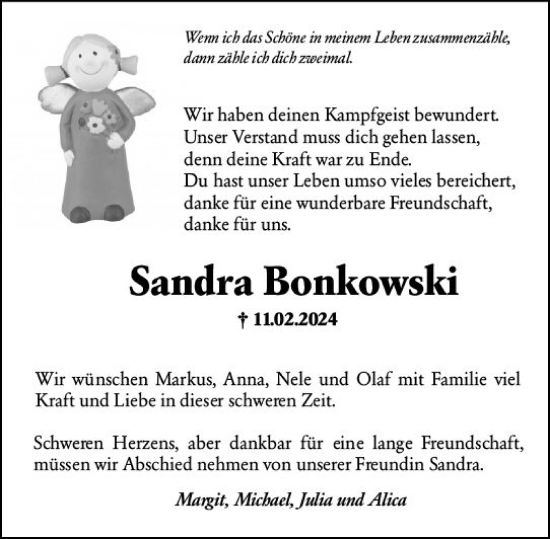Traueranzeige von Sandra Bonkowski von Allgemeine Zeitung Mainz