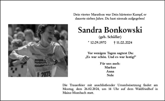 Traueranzeige von Sandra Bonkowski von Allgemeine Zeitung Mainz