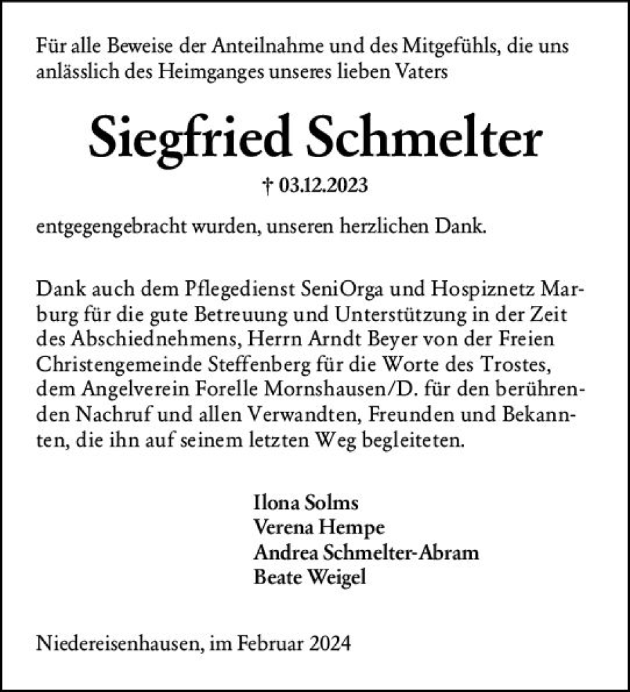  Traueranzeige für Siegfried Schmelter vom 03.02.2024 aus Hinterländer Anzeiger