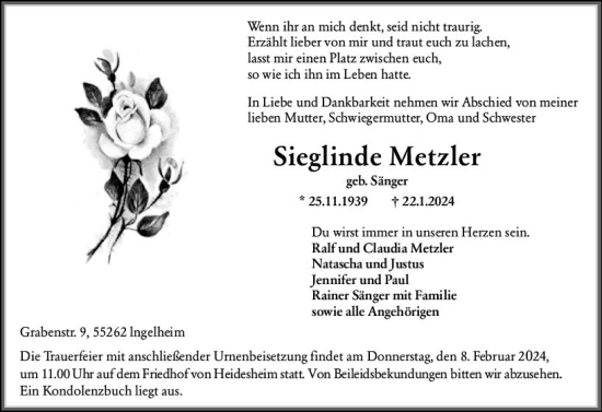 Traueranzeige von Sieglinde Metzler von Allgemeine Zeitung Bingen/Ingelheim