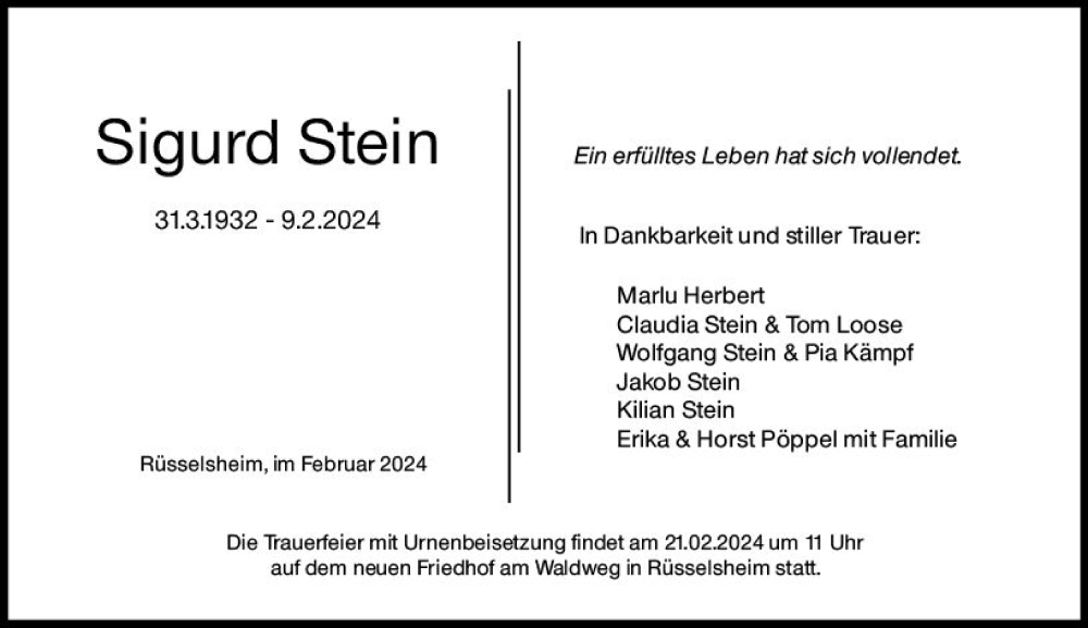  Traueranzeige für Sigurd Stein vom 17.02.2024 aus Rüsselsheimer Echo