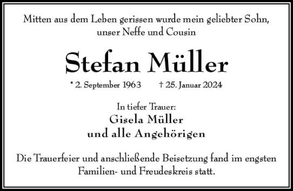  Traueranzeige für Stefan Müller vom 24.02.2024 aus Wiesbadener Kurier
