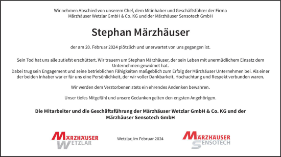 Traueranzeige von Stephan Märzhäuser von Wetzlarer Neue Zeitung