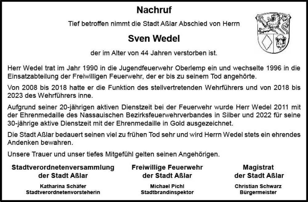  Traueranzeige für Sven Wedel vom 03.02.2024 aus Wetzlarer Neue Zeitung