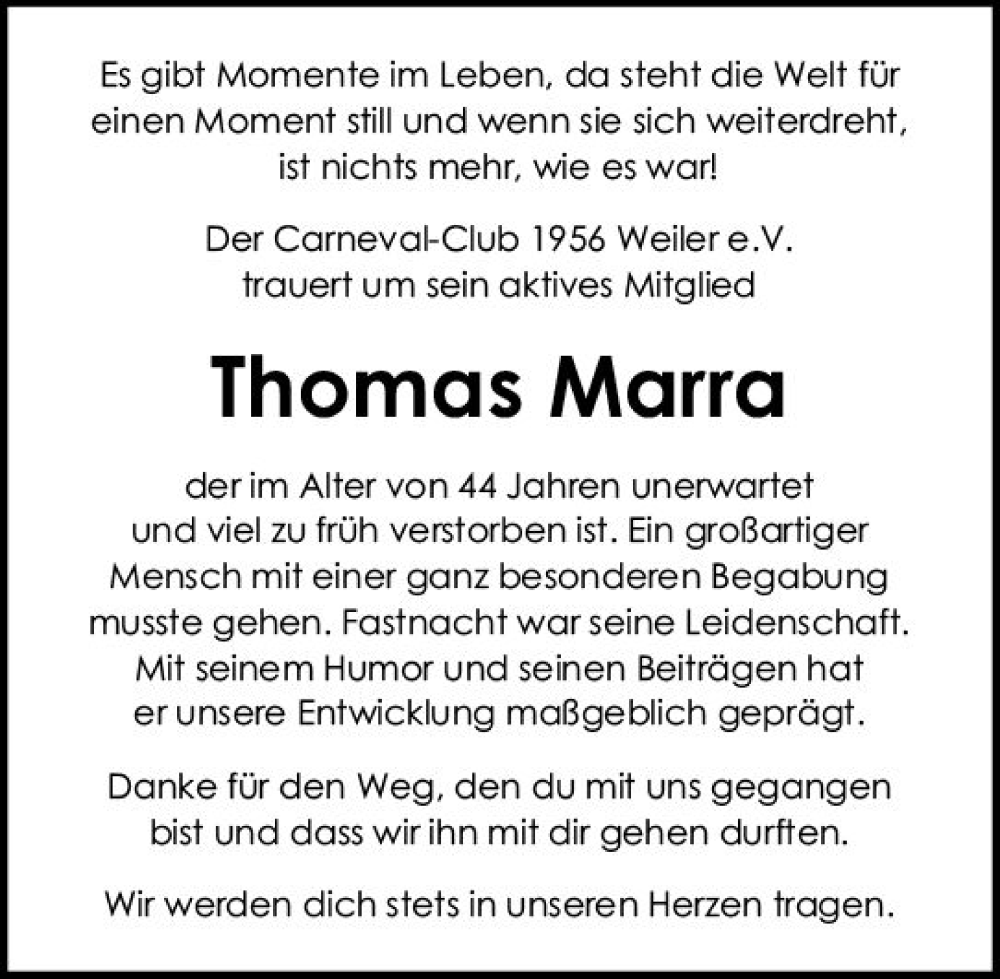  Traueranzeige für Thomas Marra vom 17.02.2024 aus Allgemeine Zeitung Bingen/Ingelheim