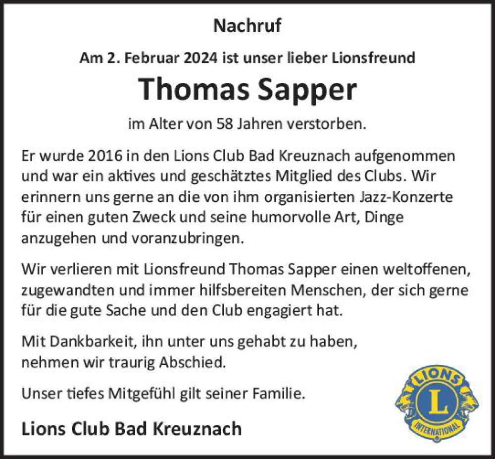  Traueranzeige für Thomas Sapper vom 14.02.2024 aus Allgemeine Zeitung Bad Kreuznach
