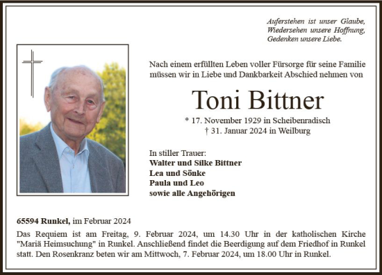 Traueranzeige von Toni Bittner von Weilburger Tageblatt