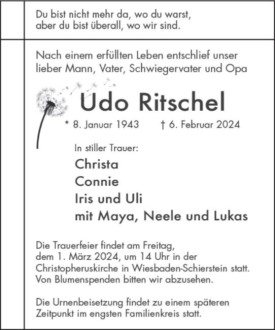 Traueranzeige von Udo Ritschel von Wiesbadener Kurier