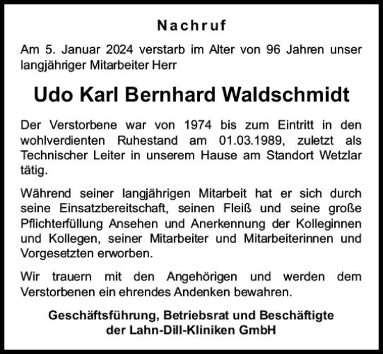 Traueranzeige von Udo Karl Bernhard Waldschmidt von Wetzlarer Neue Zeitung