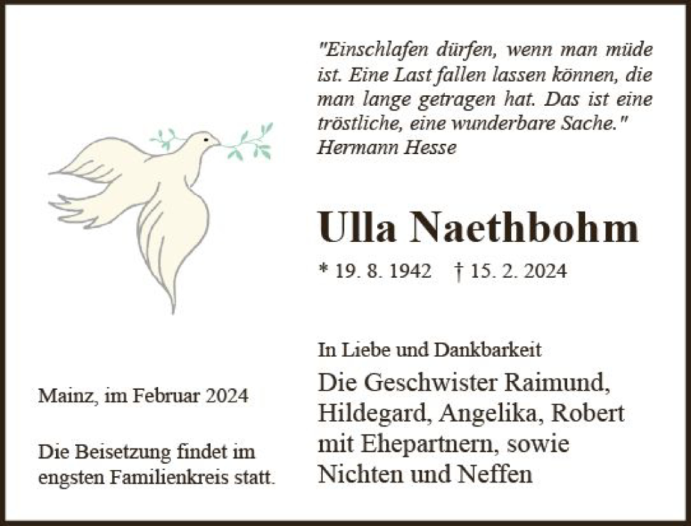  Traueranzeige für Ulla Naethbohm vom 24.02.2024 aus Allgemeine Zeitung Mainz