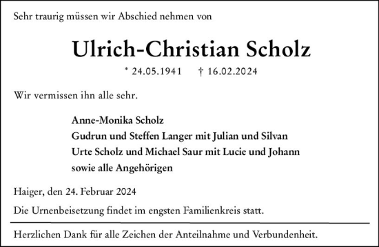 Traueranzeige von Ulrich-Christian Scholz von Dill Block
