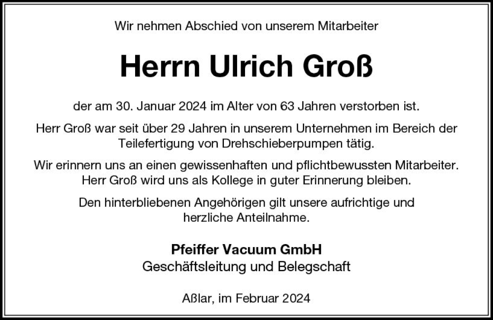  Traueranzeige für Ulrich  Groß vom 10.02.2024 aus Wetzlarer Neue Zeitung