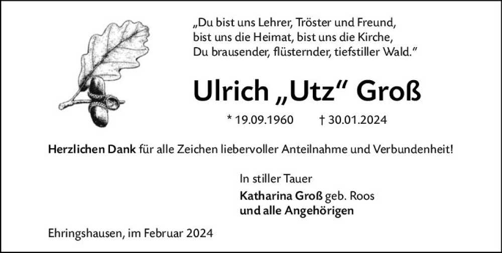  Traueranzeige für Ulrich  Groß vom 10.02.2024 aus Wetzlarer Neue Zeitung