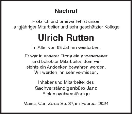 Traueranzeige von Ulrich Rutten von Allgemeine Zeitung Mainz