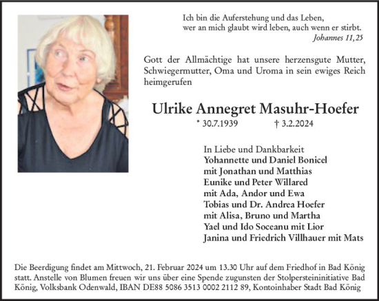 Traueranzeige von Ulrike Annegret Masuhr-Hoefer von Odenwälder Echo