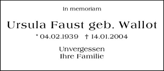 Traueranzeige von Ursula Faust von Allgemeine Zeitung Mainz