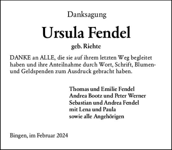 Traueranzeige von Ursula Fendel von Allgemeine Zeitung Bingen/Ingelheim