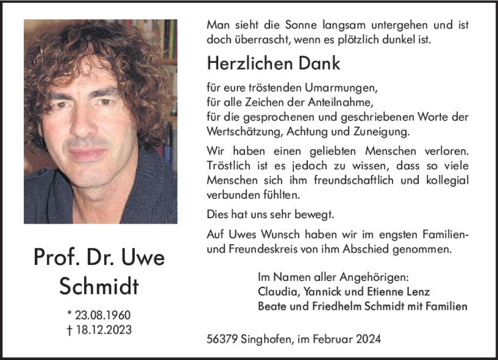  Traueranzeige für Uwe Schmidt vom 10.02.2024 aus Allgemeine Zeitung Mainz