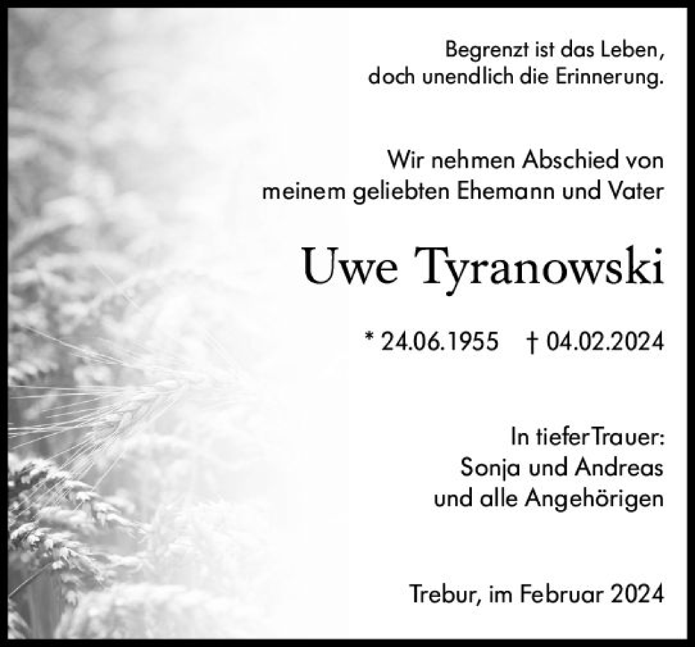  Traueranzeige für Uwe Tyranowski vom 24.02.2024 aus Rüsselsheimer Echo