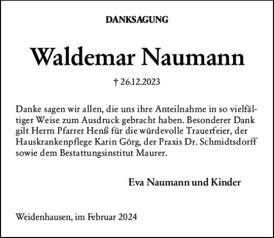 Traueranzeige von Waldemar Naumann von Hinterländer Anzeiger