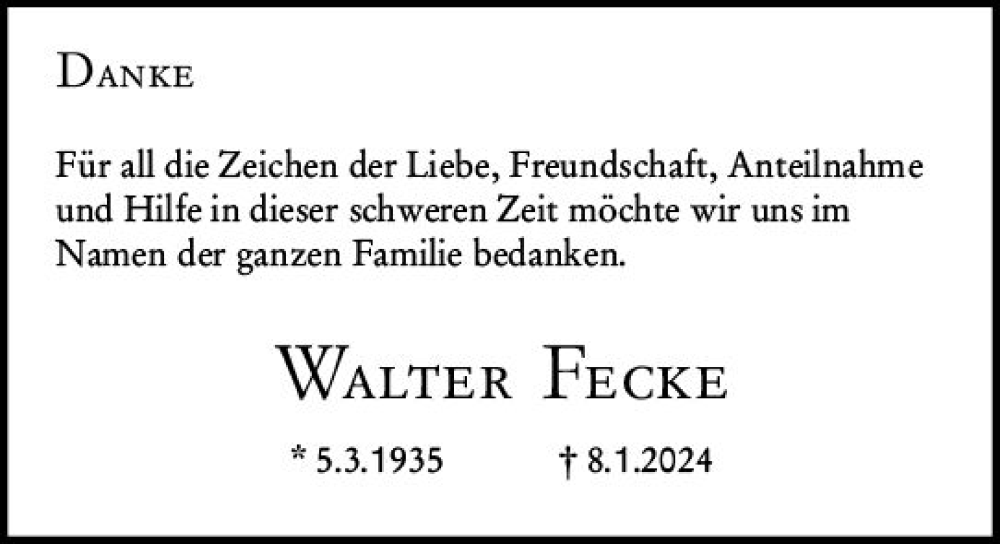  Traueranzeige für Walter Fecke vom 10.02.2024 aus Darmstädter Echo