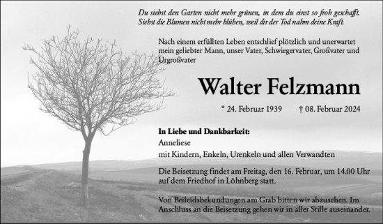 Traueranzeige von Walter Felzmann von Weilburger Tageblatt