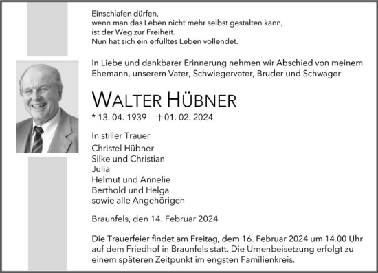 Traueranzeige von Walter Hübner von Wetzlarer Neue Zeitung