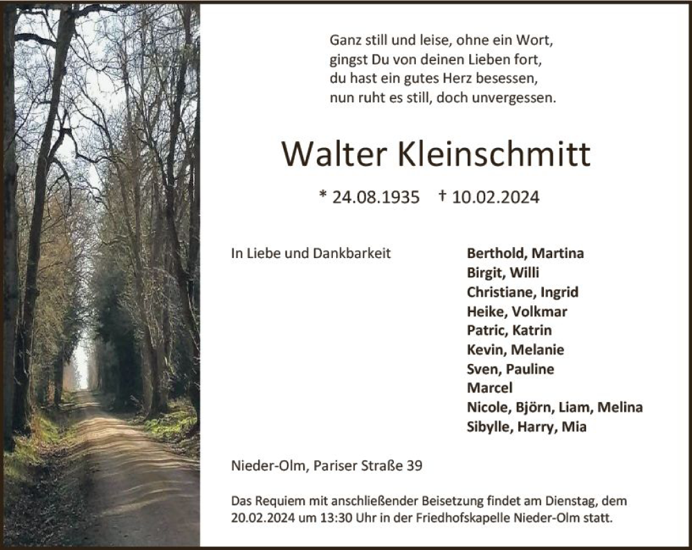 Traueranzeige für Walter Kleinschmitt vom 17.02.2024 aus Allgemeine Zeitung Mainz