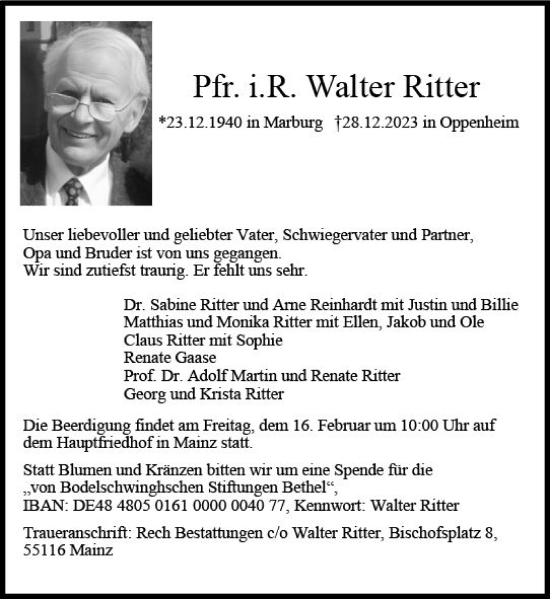 Traueranzeige von Walter Ritter von Allgemeine Zeitung Bingen/Ingelheim