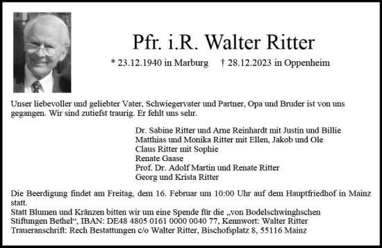 Traueranzeige von Walter Ritter von Wormser Zeitung