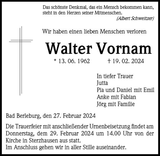 Traueranzeige von Walter Vornam von Hinterländer Anzeiger