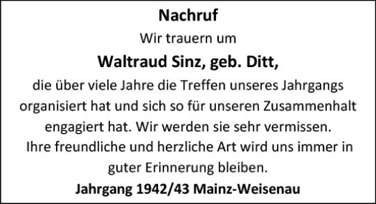 Traueranzeige von Waltraud Sinz von Allgemeine Zeitung Mainz