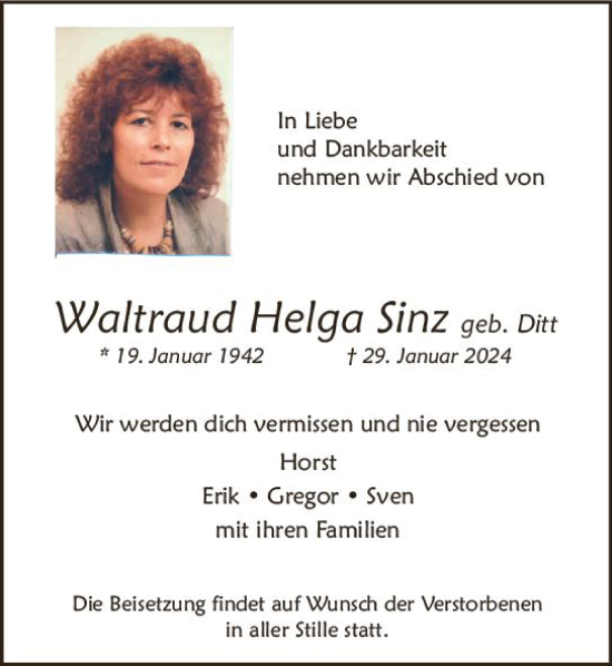 Traueranzeige von Waltraud Helga Sinz von Allgemeine Zeitung Mainz