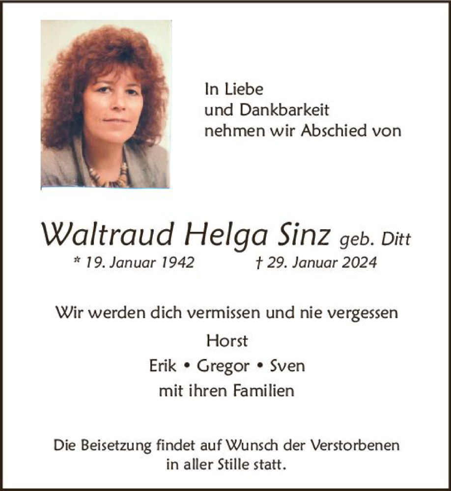  Traueranzeige für Waltraud Helga Sinz vom 03.02.2024 aus Allgemeine Zeitung Mainz