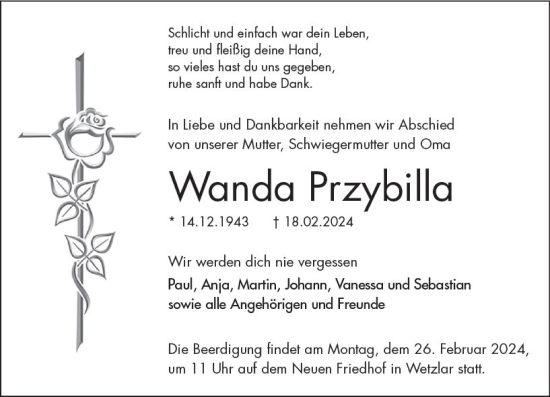 Traueranzeige von Wanda Przybilla von Wetzlarer Neue Zeitung