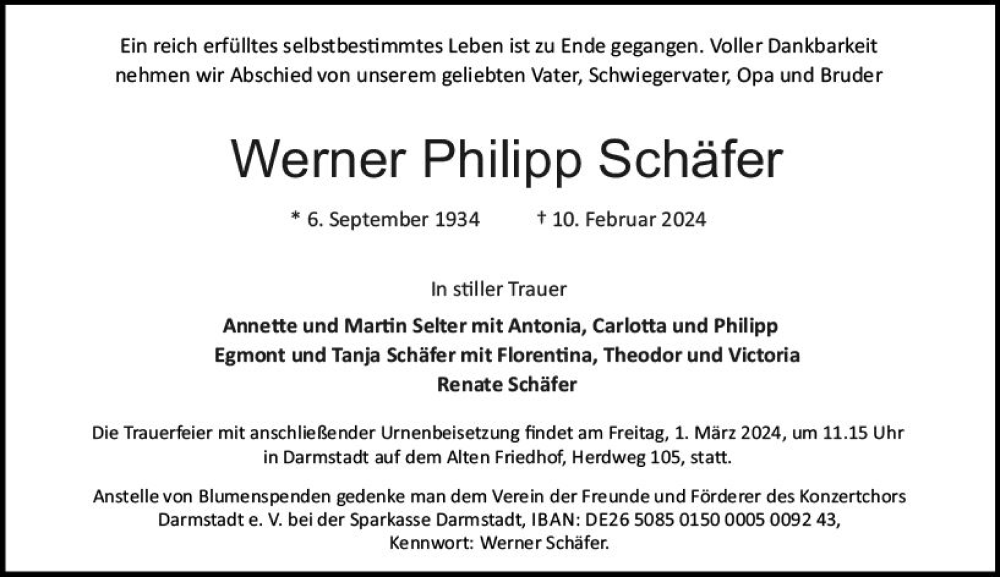  Traueranzeige für Werner Philipp Schäfer vom 24.02.2024 aus Darmstädter Echo
