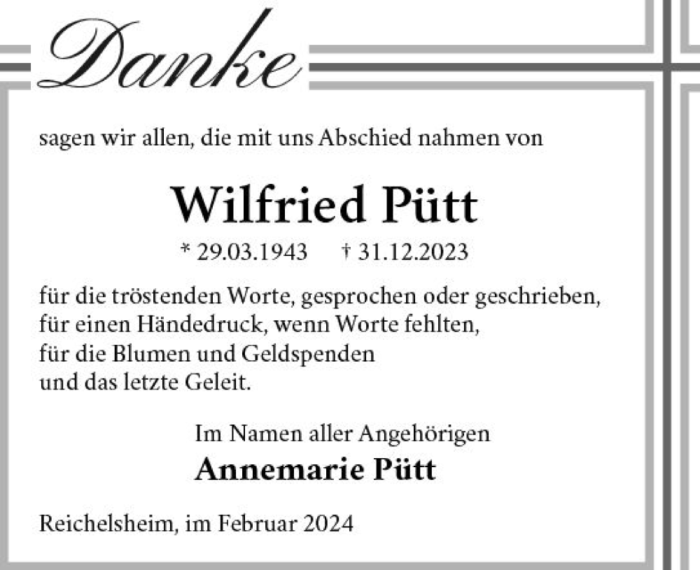  Traueranzeige für Wilfried Pütt vom 17.02.2024 aus Odenwälder Echo