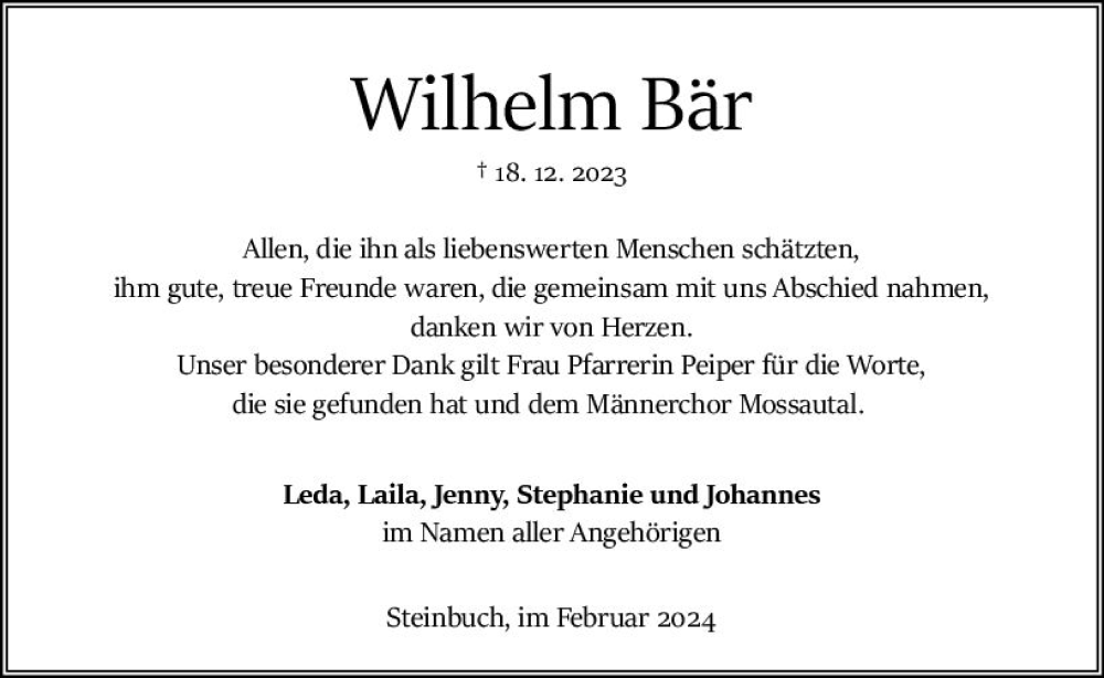  Traueranzeige für Wilhelm Bär vom 17.02.2024 aus Odenwälder Echo