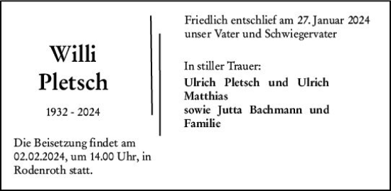 Traueranzeige von Willi Pletsch von Dill Block