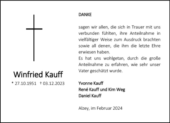 Traueranzeige von Winfried Kauff von Allgemeine Zeitung Alzey