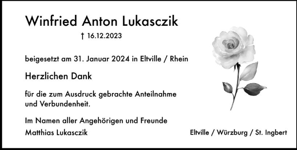  Traueranzeige für Winfried Anton Lukasczik vom 10.02.2024 aus Rheingau Kurier