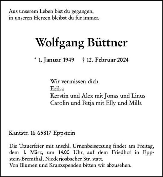 Traueranzeige von Wolfgang Büttner von Wiesbadener Kurier