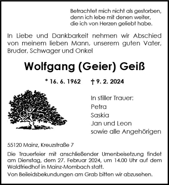 Traueranzeige von Wolfgang  Geiß von Allgemeine Zeitung Mainz