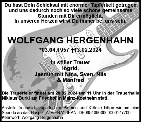 Traueranzeige von Wolfgang Hergenhahn von Allgemeine Zeitung Mainz