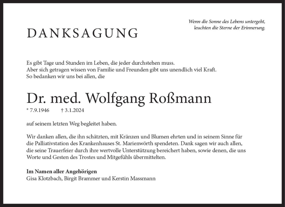  Traueranzeige für Wolfgang Roßmann vom 17.02.2024 aus Allgemeine Zeitung Bad Kreuznach