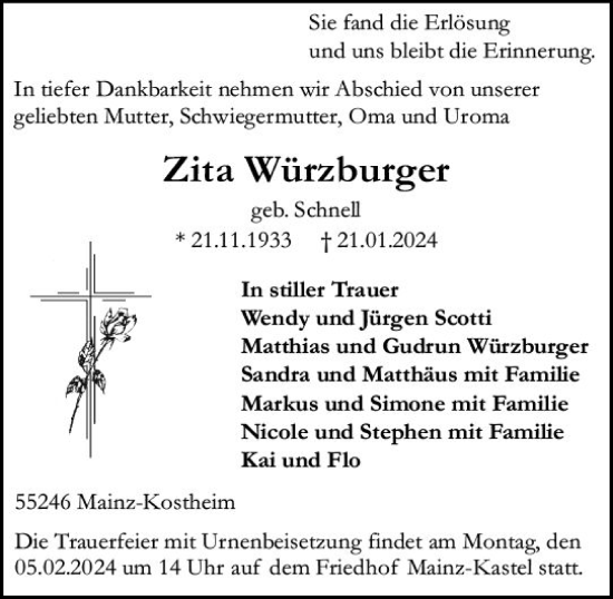 Traueranzeige von Zita Würzburger von Allgemeine Zeitung Mainz