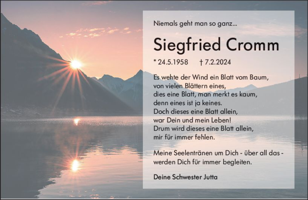  Traueranzeige für Siegfried Cromm vom 09.03.2024 aus Weilburger Tageblatt