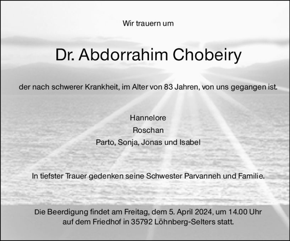  Traueranzeige für Abdorrahim Chobeiry vom 30.03.2024 aus Weilburger Tageblatt